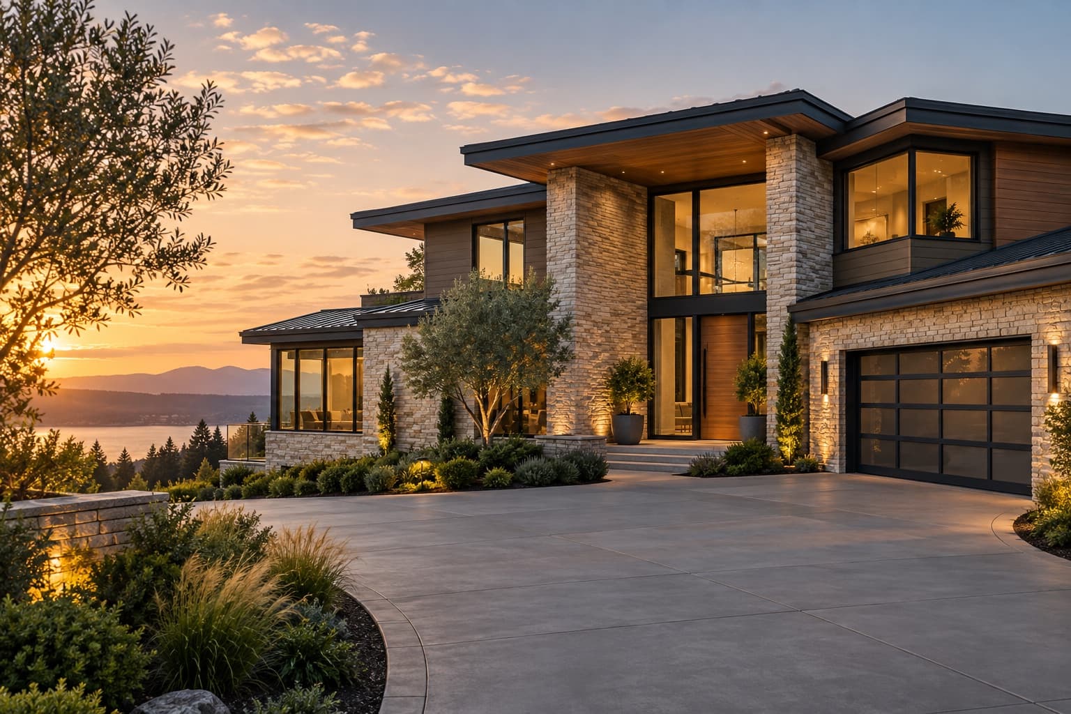 Illustrative exterior of an upscale contemporary home at sunset