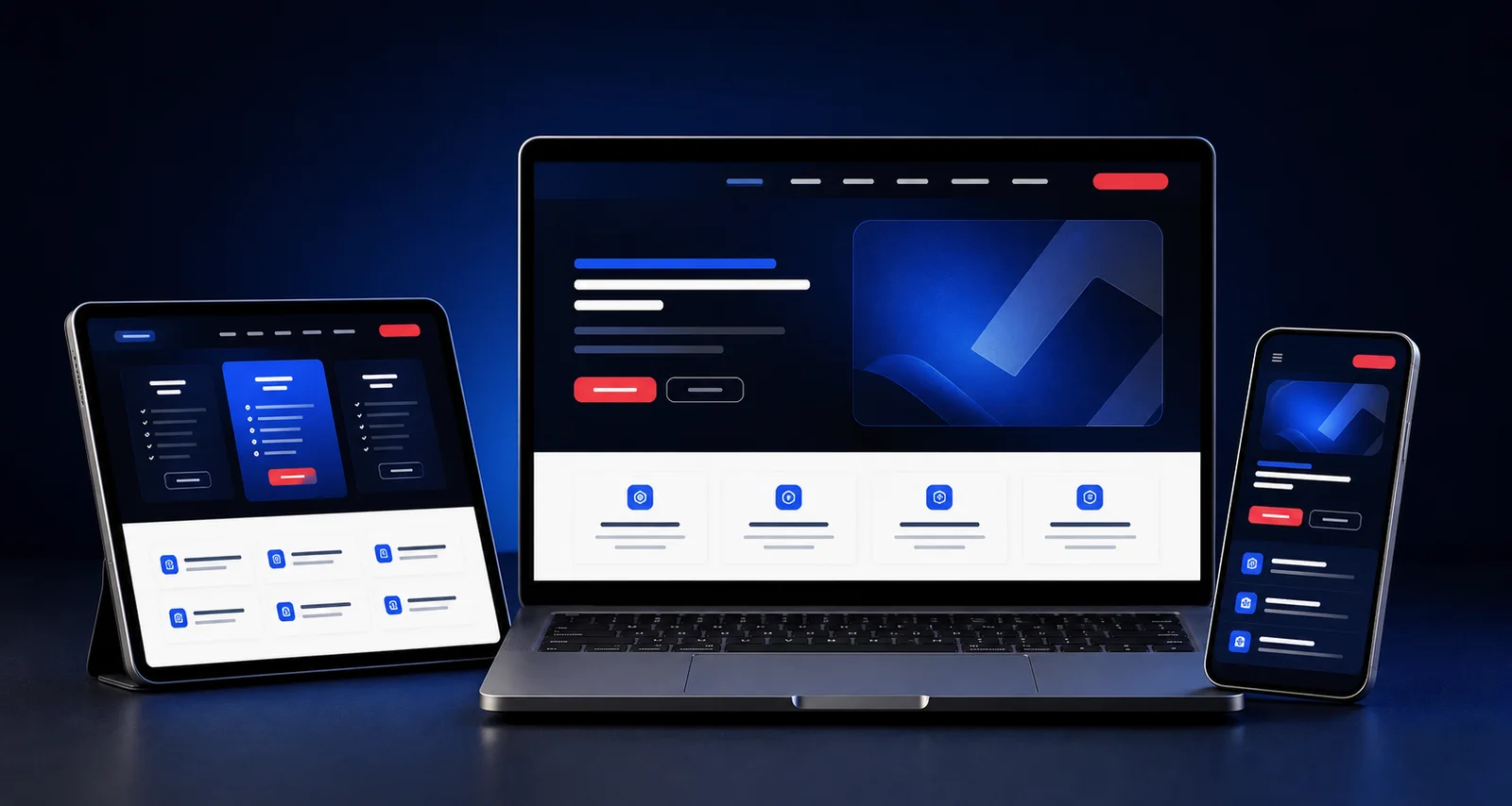 Laptop, tablet, and phone showing a modern responsive website interface